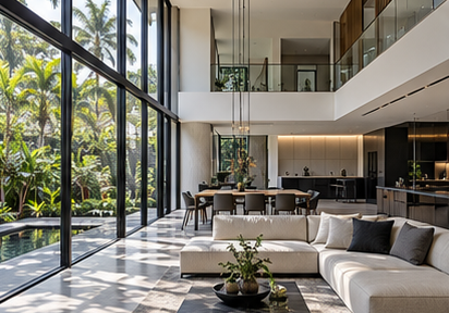 Illustrative residential space with large glass openings and a view into the garden